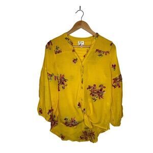 Fig & Flower Anthropologie Yellow Embroidered Floral Button Up V-Neck Top